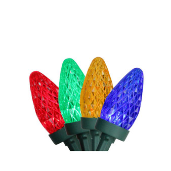 Set of 100 Multi Colored Faceted LED C7 Christmas Lights - Green Wire