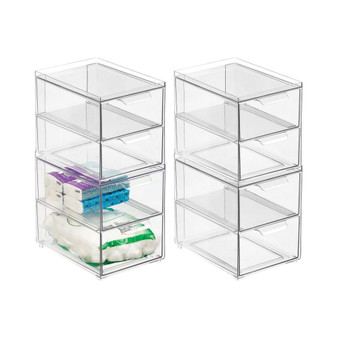 Plastic Stackable Bathroom Vanity Storage Organizer with Drawer, Medium - 4 Pack