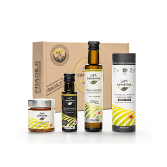 Camelina Discovery Box by contains 1 x 250 ml Virgin Camelina Oil, 1 x 100 ml Roasted Camelina oil, 1 Tube of Roasted Camelina Seeds and golden camelina honey.