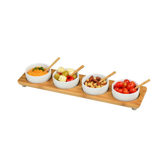 Bamboo Divided Serving Platter with 4 Bowls and 4 Bamboo Spoons