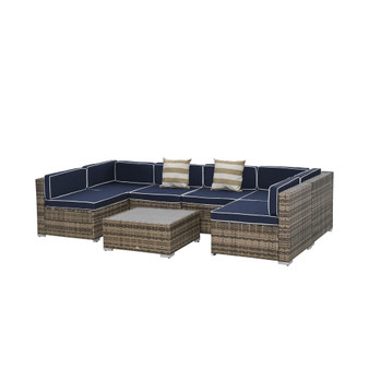 7-Piece Patio Furniture Sets Outdoor Wicker Conversation Sets All Weather PE Rattan Sectional sofa set with Cushions & Slat Plastic Wood Table, Blue