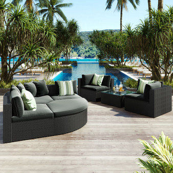7-piece Outdoor Wicker Sofa Set, Rattan Sofa Lounger, With Striped Green Pillows, Conversation Sofa, For Patio, Garden, Deck, Black Wicker, Gray Cushion