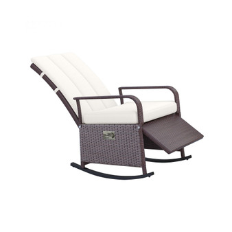 Outdoor Rattan Wicker Rocking Chair Patio Recliner with Soft Cushion, Adjustable Footrest, Max. 135 Degree Backrest, Cream