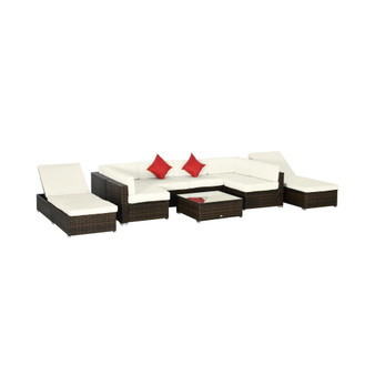 9 Piece Patio Furniture Sets, Wicker Sectional Sofa Sets Outdoor Rattan Conversation Sets with Tempered Glass Tabletop Tea Table and Two Loungers for Garden, Balcony, Backyard, Desert Sand