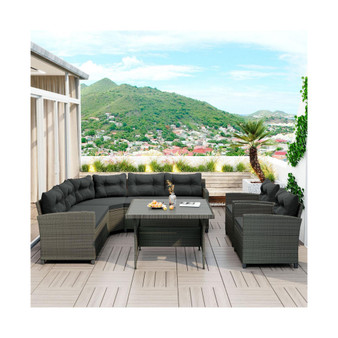 6-Piece Outdoor Wicker Sofa Set, Patio Rattan Dining Set, Sectional Sofa with Thick Cushions and Pillows, Plywood Table Top, For Garden, Yard, Deck. (Gray Wicker, Gray Cushion)