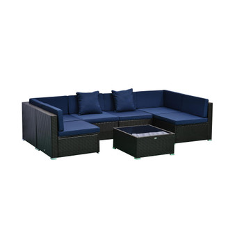 7-Piece Patio Furniture Sets Outdoor Wicker Conversation Sets All Weather PE Rattan Sectional sofa set with Cushions & Tempered Glass Desktop, Dark Blue