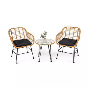 3PCS Patio Rattan Bistro Furniture Set Cushioned Chair Table