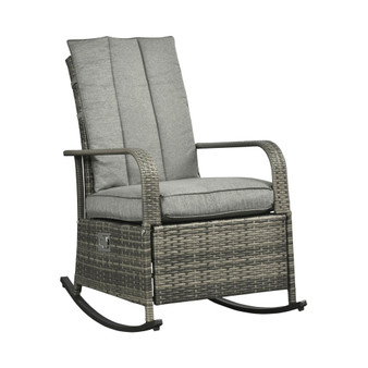 Outdoor Rattan Wicker Rocking Chair Patio Recliner with Soft Cushion, Adjustable Footrest, Max. 135 Degree Backrest, Grey