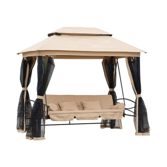 3 Person Patio Swing Chair, Gazebo Swing with Double Tier Canopy, Cushioned Seat, Mesh Sidewalls, Beige