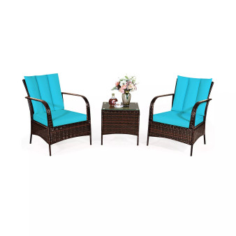 3 PCS Patio Wicker Rattan Furniture Set Coffee Table & 2 Rattan Chair