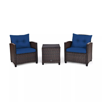 3PCS Patio Rattan Furniture Set Cushioned Sofa Coffee Table Garden