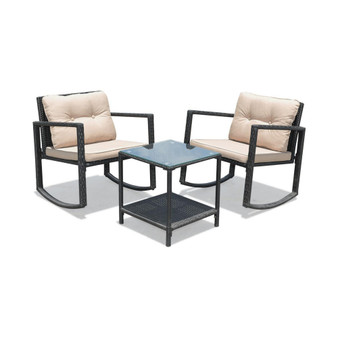 3PC Patio Rattan Conversation Set Rocking Chair Cushioned