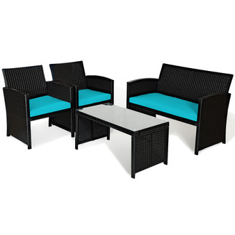 4PCS Patio Rattan Furniture Conversation Set Cushion Sofa Table Garden