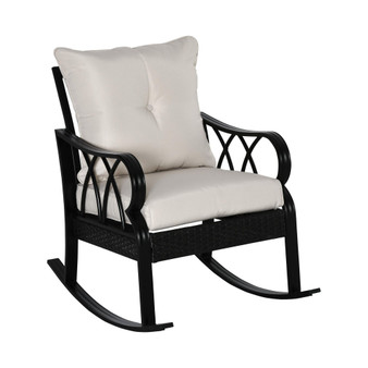 Outdoor Wicker Rocking Chair with Padded Cushions, Aluminum Furniture Rattan Porch Rocker Chair w/ Armrest for Garden, Patio, and Backyard, Khaki