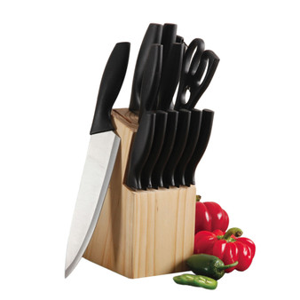 Helston 14 Piece Stainless Steel Cutlery Set with Pine Wood Block