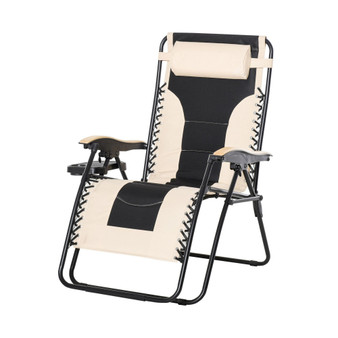 Outdoor Lounge Chair, Oversized Zero Gravity Folding Recliner Chair with Removable Pillow, Convenient Cup Holders, & Durable Material for Beach, Pool, Balcony, Lawn, Backyard, Beige