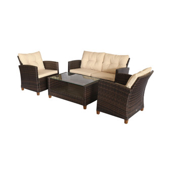 4 Pieces Patio Furniture Sets Rattan Wicker Chair w/ Table Outdoor Conversation Set with Cushion for Backyard Porch Garden Poolside and Deck, Beige