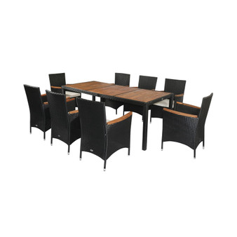 9 PCS Patio Dining Set Rattan Wicker Furniture Set with Acacia Wood Table Top, Stackable Armrest Chairs with Water-Proof Cushion