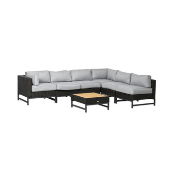 7 Piece Outdoor Patio Furniture Set, PE Wicker Sectional Sofa, Conversation Set with Thick Cushions and Wood Grain Coffee Table, Light Gray