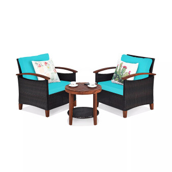 3PCS Patio Rattan Furniture Set Wooden Frame Cushion Table Shelf