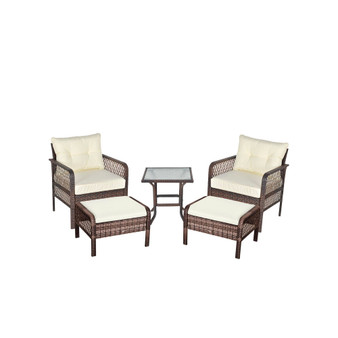 5-Piece Wicker Patio Armchair Set with Ottoman, Outdoor PE Rattan Furniture Set with Comfortable Zippered Cushions & Weather-Fighting Build, White