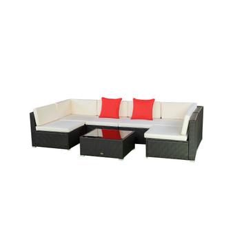 Patio Furniture Set, 7 Pieces, Sectional Sofa, All Weather PE Plastic Rattan Conversation Set, Glass Table, 6 Seats, Soft Cushions, 2 Throw Pillows, Cream White
