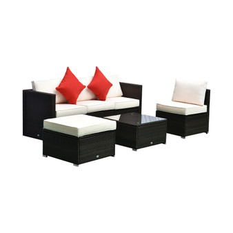 6 Pieces Patio Furniture Sets Outdoor Wicker Conversation Sets All Weather PE Rattan Sectional sofa set with Ottoman, Cushions & Tempered Glass Desktop, White