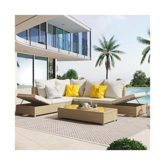 Patio 3-Piece Rattan Sofa Set All Weather PE Wicker Sectional Set with Adjustable Chaise Lounge Frame and Tempered Glass Table, Natural Brown & Beige Cushion