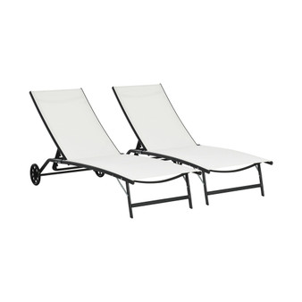 Patio Chaise Lounge Chair Set of 2, 2 Piece Outdoor Recliner with Wheels, 5 Level Adjustable Backrest for Garden, Deck & Poolside, Cream White