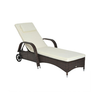 Reclining Chaise Lounge Chair, Thickly Cushioned, Headrest, Armrests, Rolling Outdoor Plastic Rattan Sun Bathing Chair with Wheels for Poolside, Pool, Patio, Mixed Brown