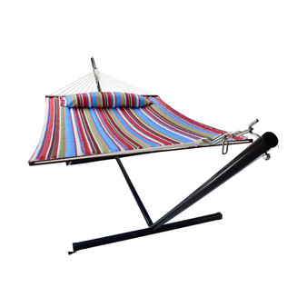 Quilted Fabric Double Hammock with Stand Set, 4 Pieces
