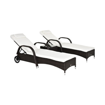 3 Piece Outdoor Furniture Set, 2 Reclining Chaise Lounge Chairs, Rolling Wheels, Armrests, Headrests, Thickly Cushioned, 1 Side Table, PE Plastic Rattan, Brown