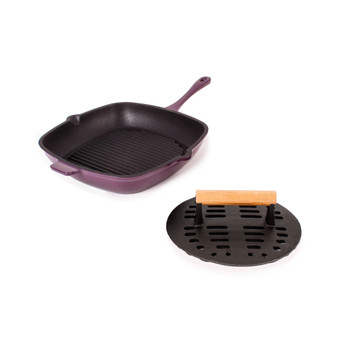 Neo Cast Iron 11" Grill Pan with Slotted Steak Press, Set of 2