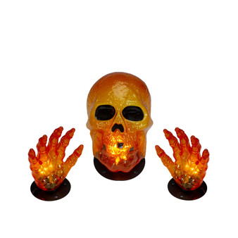 Lighted Skull and Hands 3 Piece Outdoor Halloween Decoration with 4' Black Wire Set, 8.5"