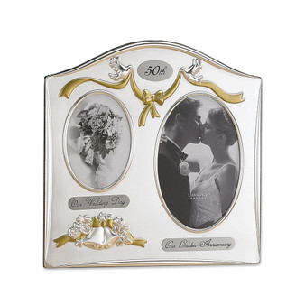 Satin Silver and Brass Plated 2 Opening Picture Frame - 50 th Anniversary Design