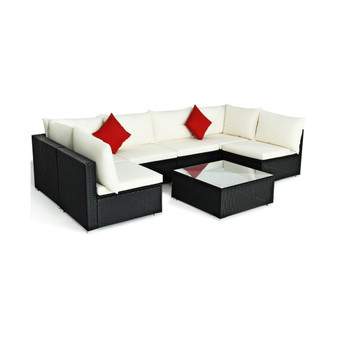 7PCS Patio Rattan Furniture Set Sectional Sofa Cushioned Glass Table