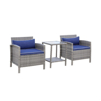 Patio Porch Furniture Set 3 Piece PE Rattan Wicker Chairs with 2-Tier Shelf Table, Arm Rests, Cushions, Pillows, Tempered Glass Tabletop, Conversation Set for Garden, Backyard, Royal Blue