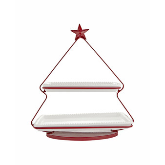 2 Tier Red Framed Star Server with Porcelain Plates Set, 3 Pieces