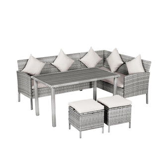 5-Piece Patio Dining Sets, Outdoor Furniture Sets PE Rattan Wicker Conversation Furniture Sets w/ Wood Grain Plastic Table Top & Padded Cushions, Beige