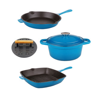 Neo Cast Iron Cookware 3 Quart Dutch Oven, Fry Pan, Grill Pan and Slotted Steak Press, Set of 4