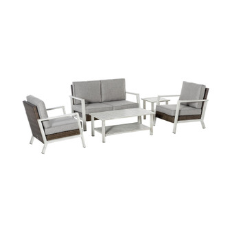 5-Piece Outdoor PE Rattan Wicker Patio Furniture Set, Cushions, 1 Loveseat, 2 Armchairs, 1 Faux Wood Slat Two-Tier Center Coffee Table, 1 Two-Tier Side Table, Grey