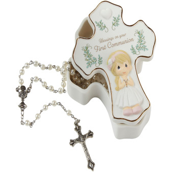 222407 Blessings On Your First Communion Girl Bisque Porcelain and Plastic Rosary Box with Rosary