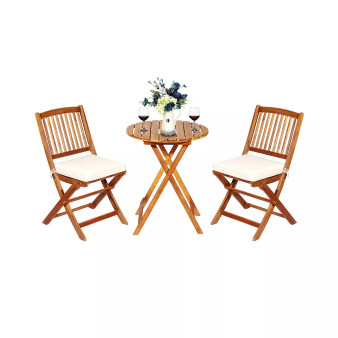 3PCS Patio Folding Wooden Bistro Set Cushioned Chair Conversation Garden