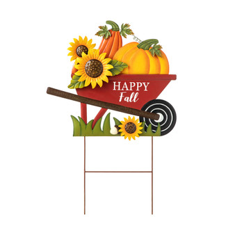 30" H Fall Metal Wheel Barrow Pumpkin Yard Stake