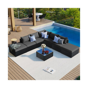 8-Pieces Outdoor Patio Furniture Sets, Garden Conversation Wicker Sofa Set, Single Sofa Combinable, Gray Cushions Black Wicker
