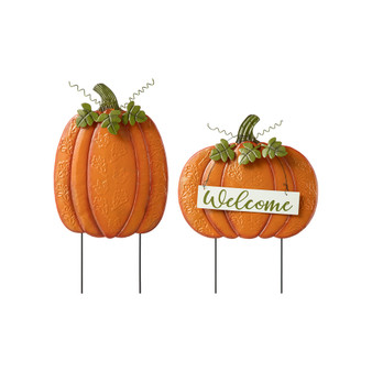 Fall Metal Embossed Glitter Pumpkin Yard Stake Or Porch Decor, Set of 2