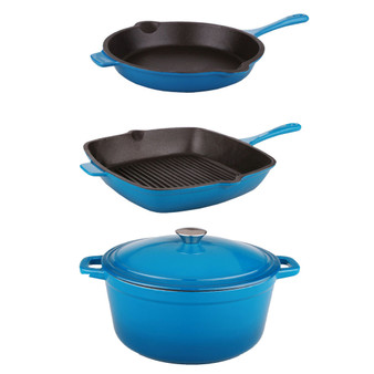 Neo Cast Iron Fry Pan, Grill Pan and 5 Quart Covered Dutch Oven, Set of 3