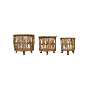 Set of 3 13" H, 12" H 11.25" H Woven Bamboo Footed Baskets