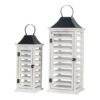Set of 2 Wash White Farmhouse Wooden Shutter Lanterns