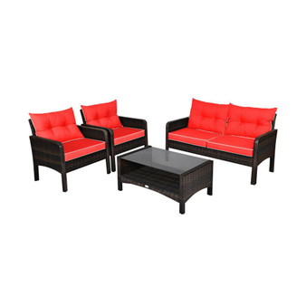 4PCS Patio Rattan Furniture Set Loveseat Sofa Coffee Table Garden